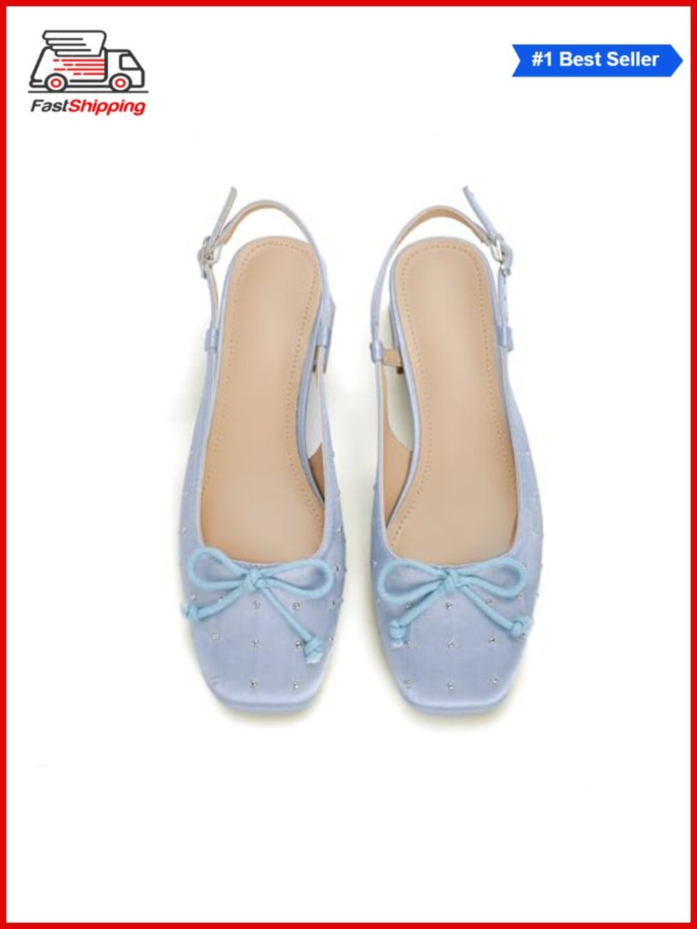 Satin Ballet Pumps with Bow 2 Inch Chunky Heel Studded Slingback Low Block Heels